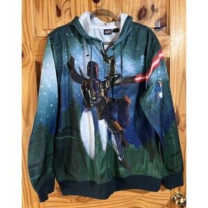 NEW Star Wars Boba Fett Flying Men's Size Large Zip Hoodie Soft Fleece Lined